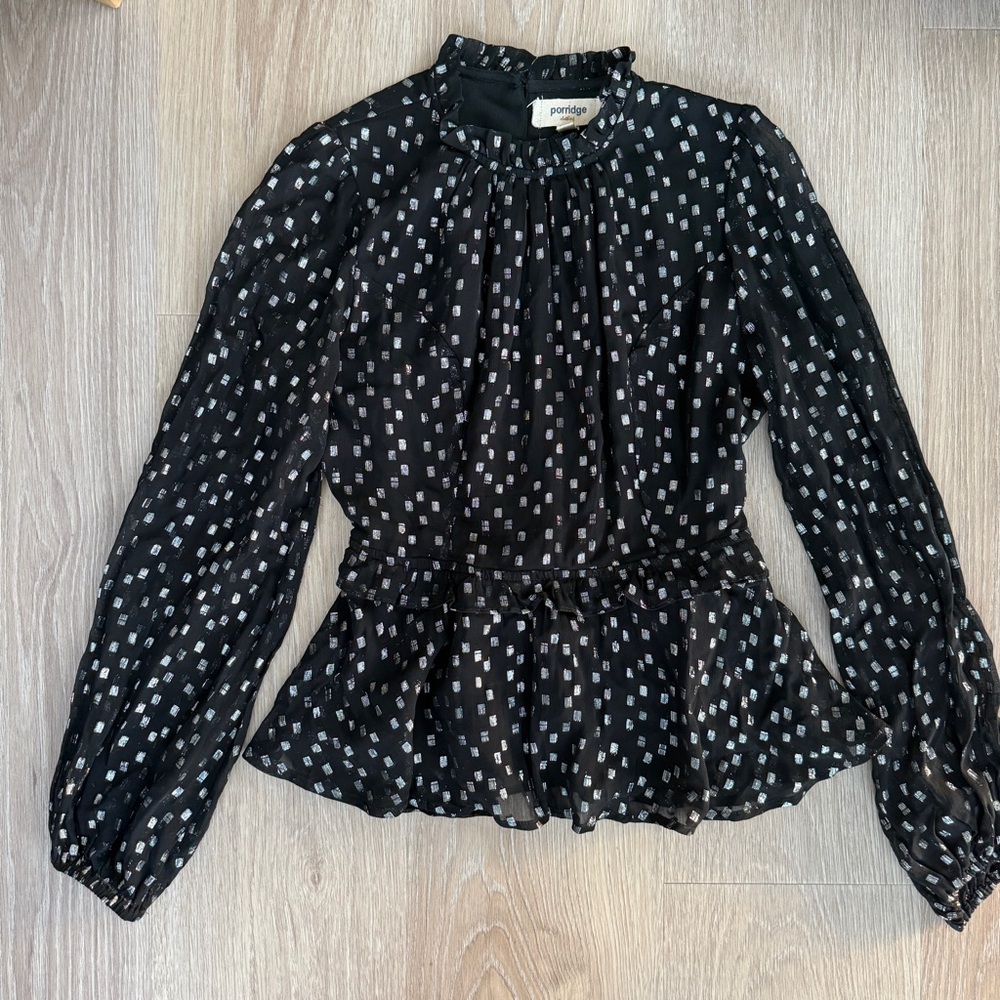 Anthropologie Black and Silver Metallic Polka Dot Top with Open Back